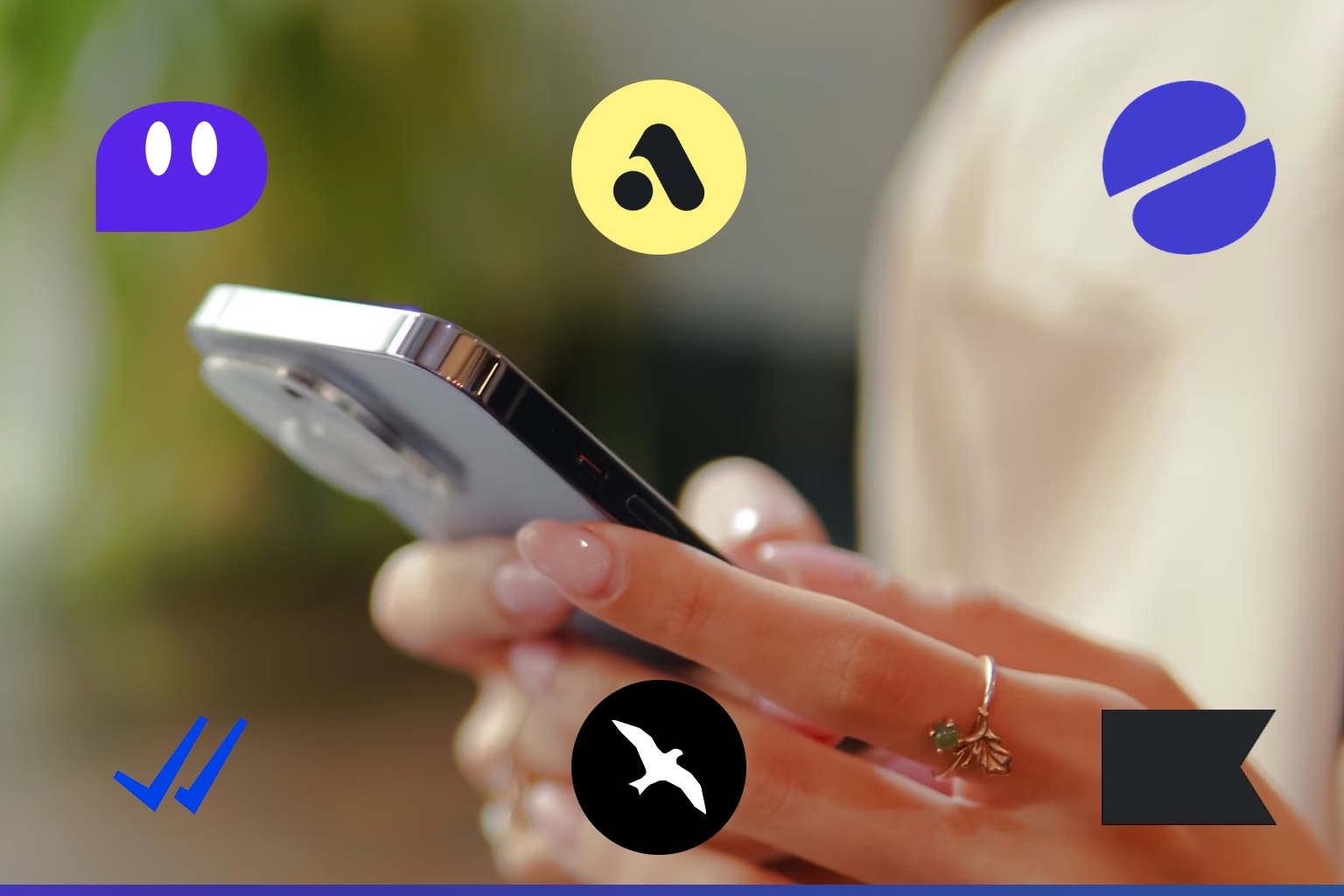 A smartphone showing a two-way text conversation alongside an SMS campaign dashboard.