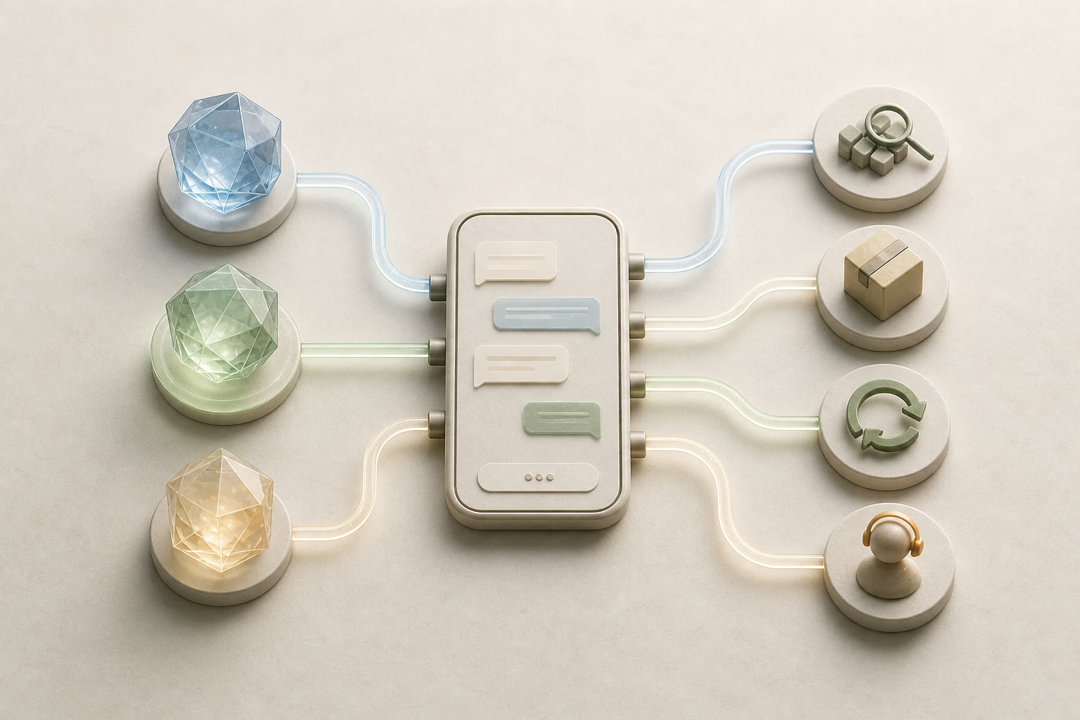 Three crystal model cores feeding a phone conversation connected to product, shipping, return, and support workflows