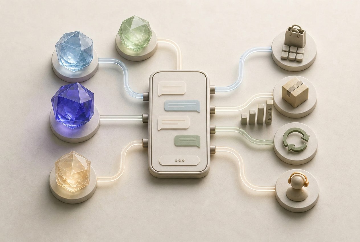 Four model crystals, one violet, wired into a phone conversation that connects to shopping, delivery, return and support tasks