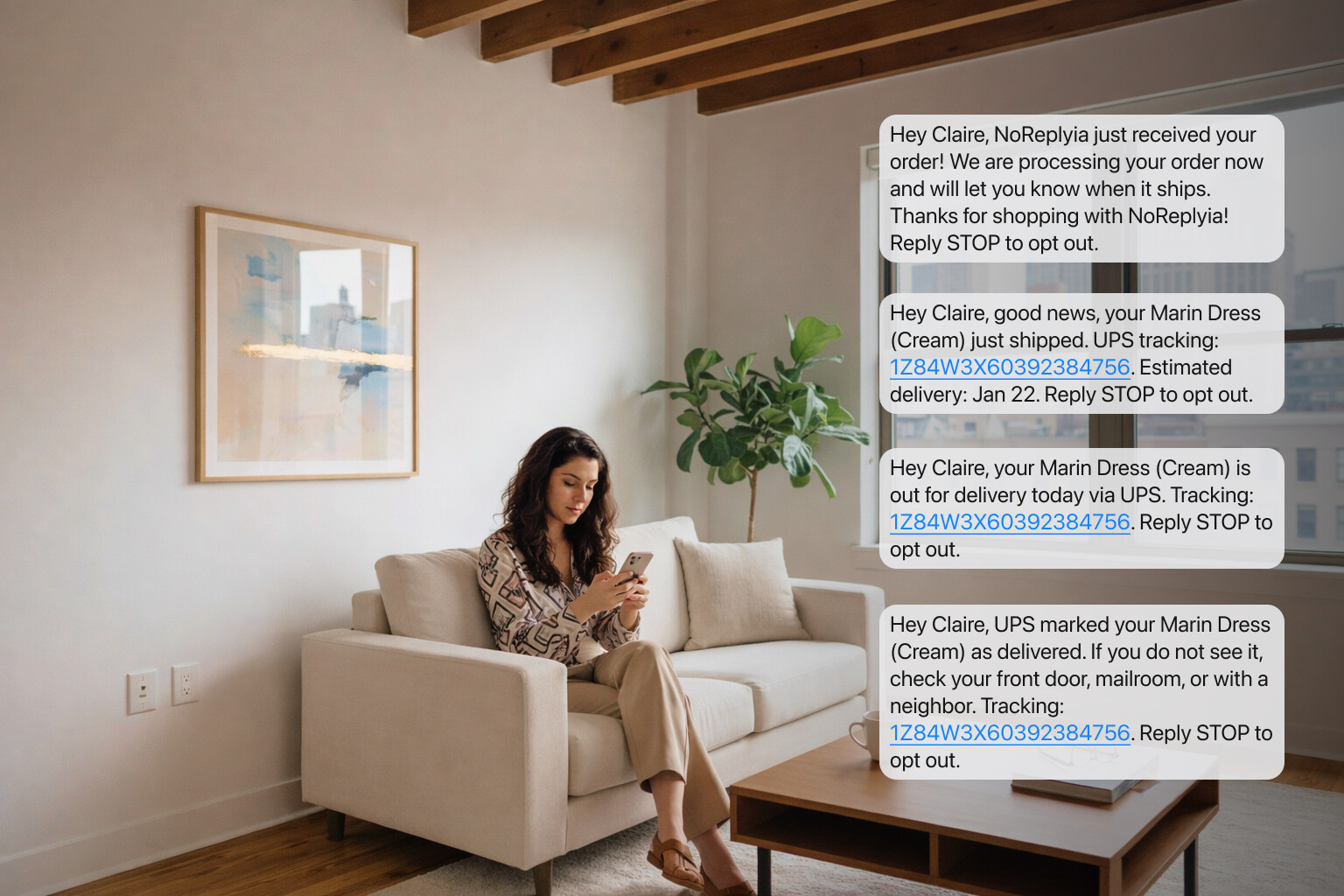 A package next to a phone showing a two-way support text thread.